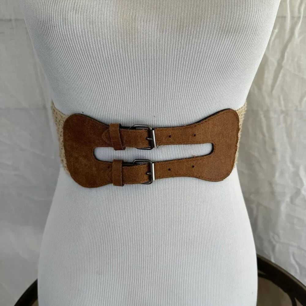Boho Stretch Woven Crochet Belt Brown Faux Suede Double Buckle Corset 24-40 Inch
